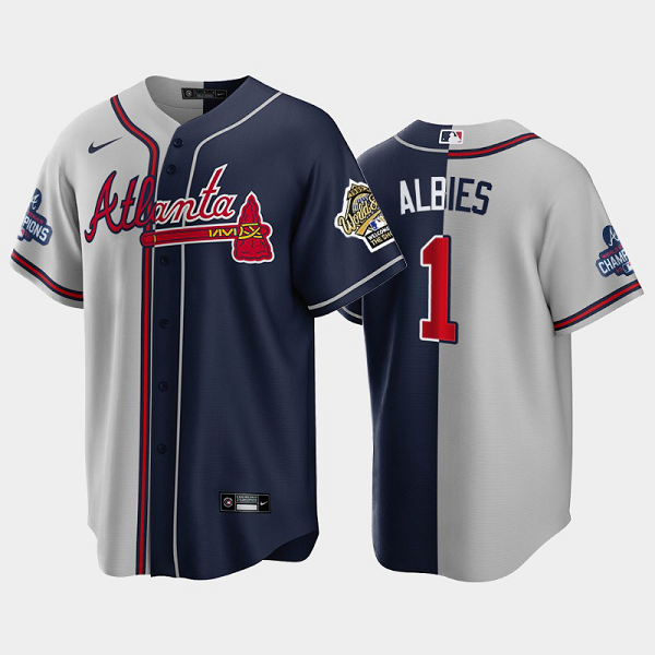 Men's Atlanta Braves 1995 Throwback Split Ozzie Albies Gray Navy 2021 World Series Champions MLB Jersey