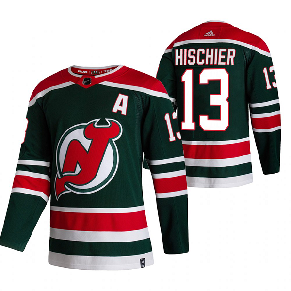 New Jersey Devils #13 Nico Hischier Green Men's Adidas 2020-21 Reverse Retro Alternate NHL Jersey