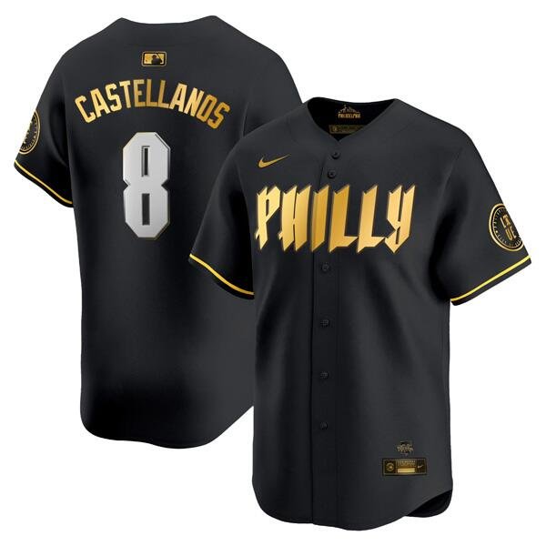 Men's Philadelphia Phillies #8 Nick Castellanos 2024 Black Gold City Connect Philly Limited All Stitched Jersey