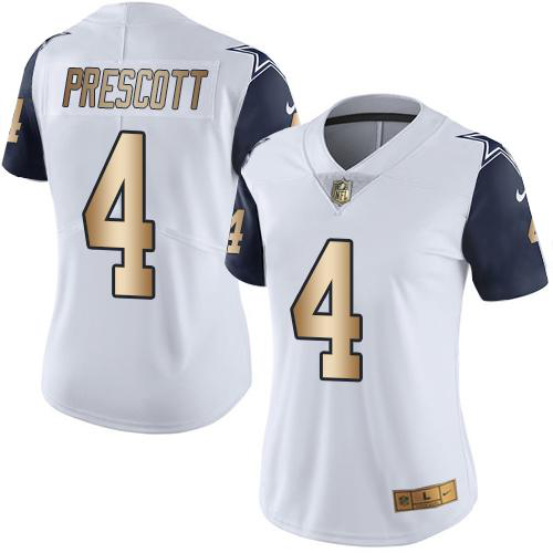 Nike Dallas Cowboys #4 Dak Prescott White Women's Stitched NFL Limited Gold Rush Jersey