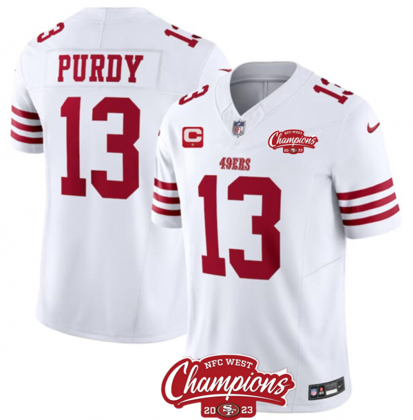 Men's San Francisco 49ers #13 Brock Purdy White 2023 F.U.S.E. With 1-Star C Patch And NFC West Champions Patch Stitched NFL Jersey