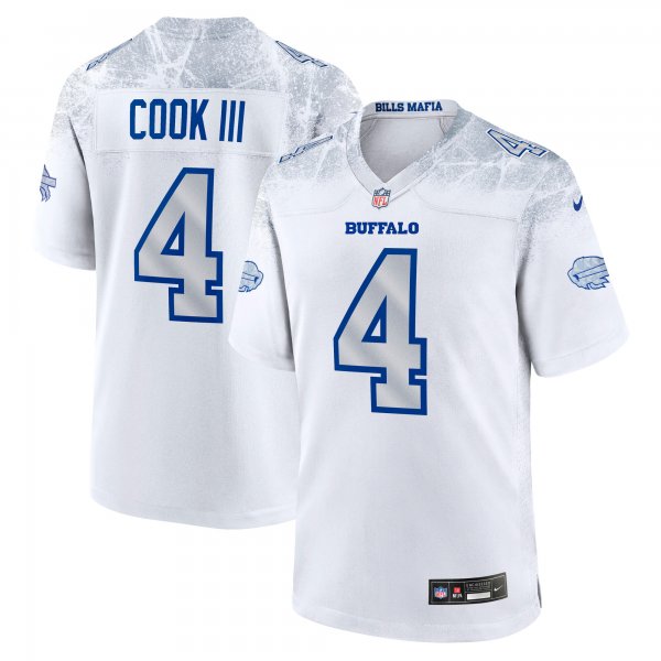 Men's #4 James Cook III Buffalo Bills Nike 2025 Rivalries Collection Game White Jersey
