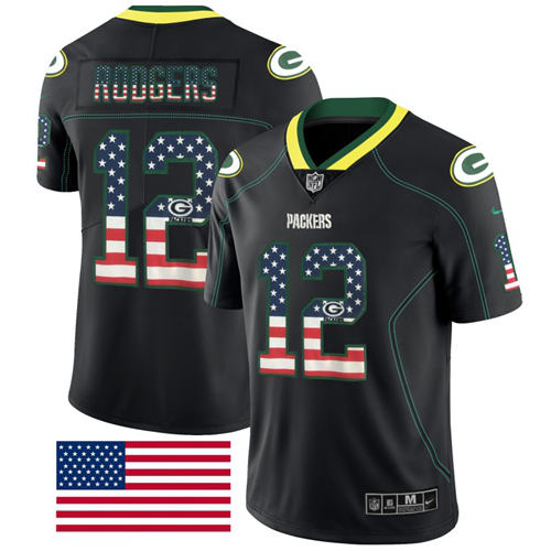 Nike Packers #12 Aaron Rodgers Black Men's Stitched NFL Limited Rush USA Flag Jersey