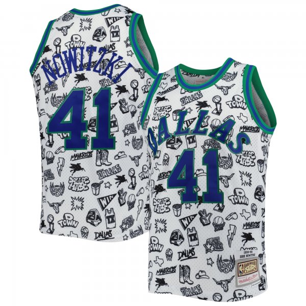 Men's Dallas Mavericks Dirk Nowitzki Mitchell & Ness White 1998/99 Hardwood Classics Doodle Swingman Jersey