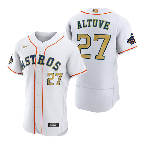 Men's Houston Astros MLB #27 Jose Altuve White 2023 Gold Collection Cool Base Nike Jersey