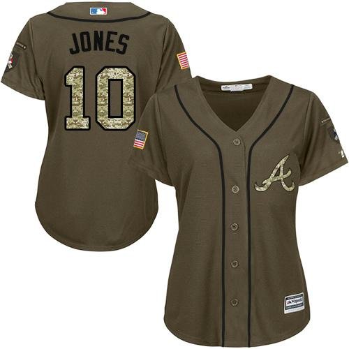 Atlanta Braves #10 Chipper Jones Green Salute to Service Women's Stitched MLB Jersey