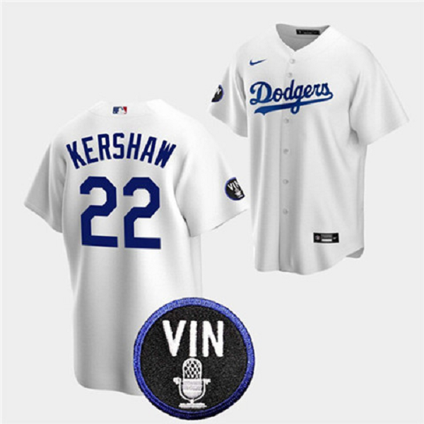 Men's Los Angeles Dodgers #22 Clayton Kershaw 2022 White Vin Scully Patch Cool Base Stitched MLB Jersey