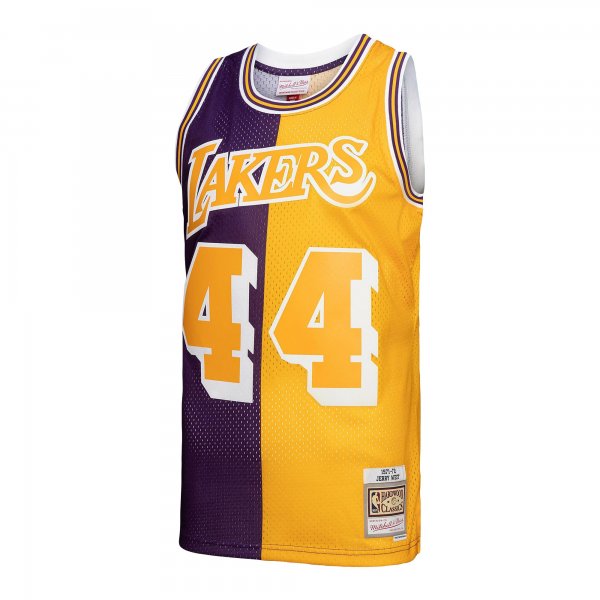 Men's Los Angeles Lakers Jerry West Mitchell & Ness Purple/Gold Hardwood Classics 1971/72 Split Swingman Jersey