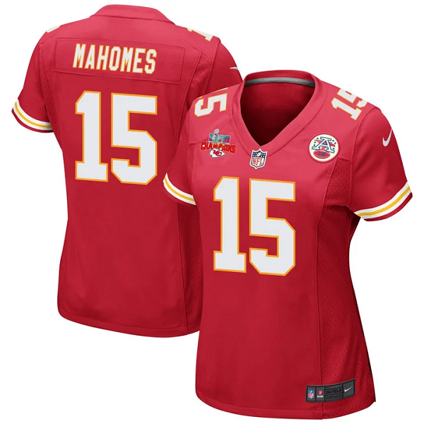 Women Nike Kansas City Chiefs #15 Patrick Mahomes Super Bowl LVII Champions 3 Stars Red Jersey