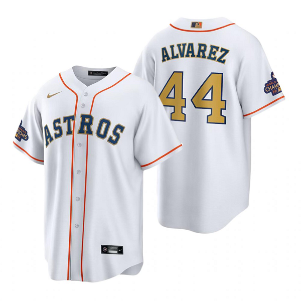 Youth Houston Astros MLB #44 Yordan Alvarez White 2023 Gold Collection Cool Base Nike Jersey