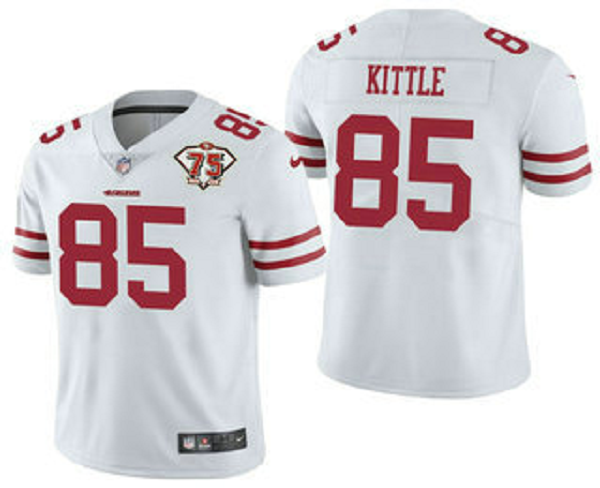 Men's San Francisco 49ers #85 George Kittle White 75th Anniversary Patch 2021 Vapor Untouchable Stitched Nike Limited Jersey