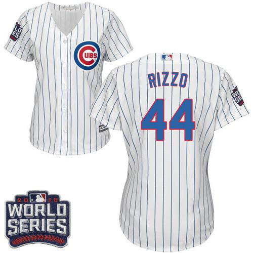 Chicago Cubs #44 Anthony Rizzo White(Blue Strip) Home 2016 World Series Bound Women's Stitched MLB Jersey