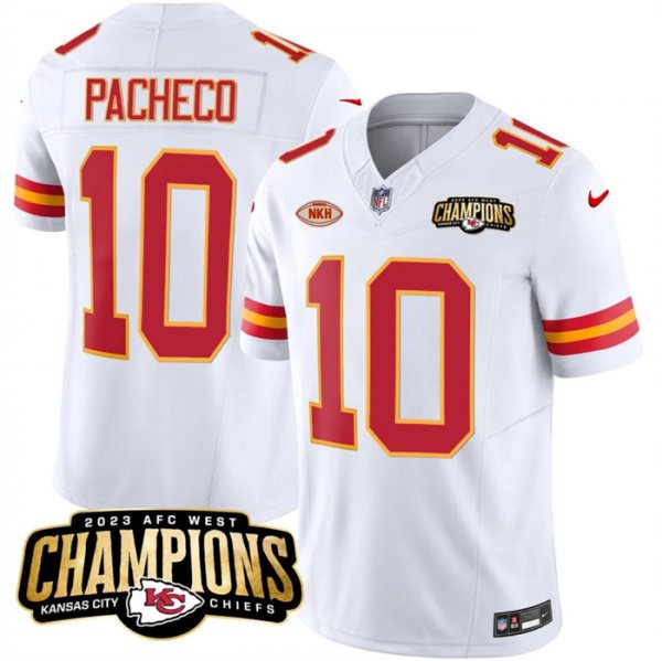 Men's Kansas City Chiefs #10 Isiah Pacheco White 2023 F.U.S.E. AFC West Champions With "NKH" Patch Vapor Untouchable Limited Stitched Jersey