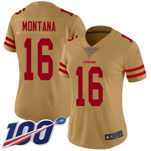 Women's San Francisco 49ers #16 Joe Montana GoldStitched NFL Limited Inverted Legend 100th Season Jersey