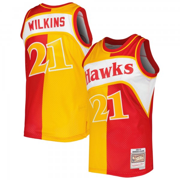 Men's Atlanta Hawks Dominique Wilkins Mitchell & Ness Yellow/Red Hardwood Classics 1986/87 Split Swingman Jersey