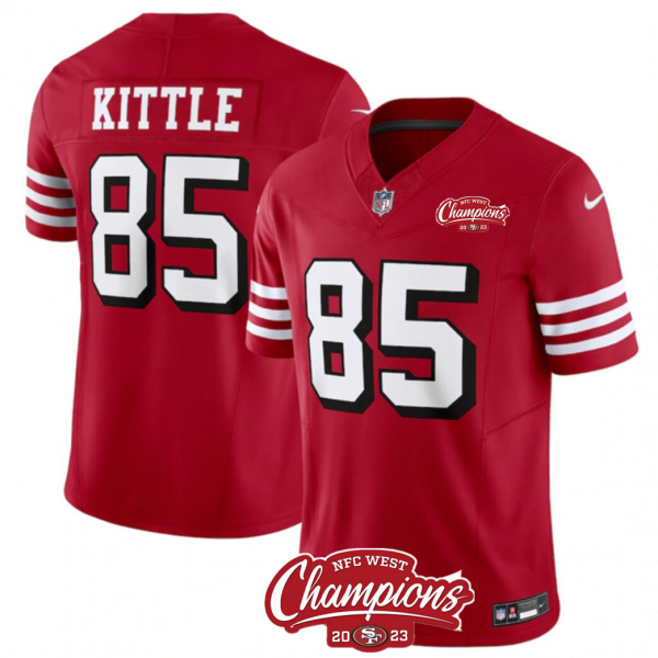 Men's San Francisco 49ers #85 George Kittle Red 2023 F.U.S.E. NFC West Champions Patch Alternate Stitched NFL Jersey