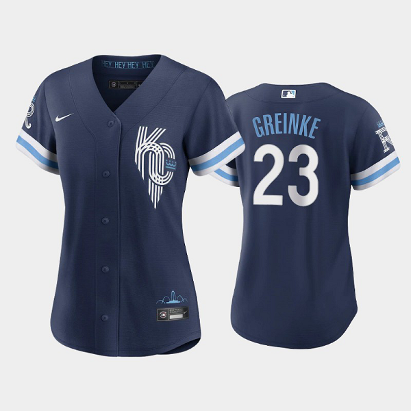 Women's Kansas City Royals #23 Zack Greinke 2022 City Connect Navy MLB Jersey