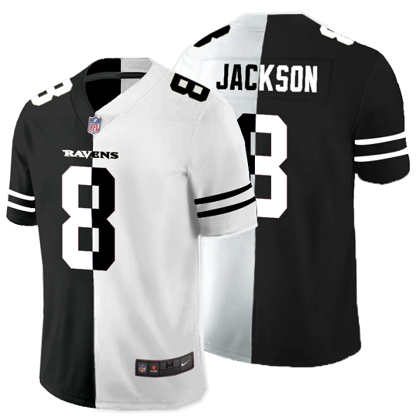 Men's Nike NFL Baltimore Ravens #8 Lamar Jackson Black White Peaceful Coexisting Split 2020 Vapor Untouchable Stitched Limited Jersey