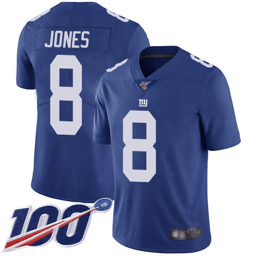 New York Giants #8 Daniel Jones Royal Blue Team Color Men's Stitched NFL 100th Season Vapor Limited Jersey