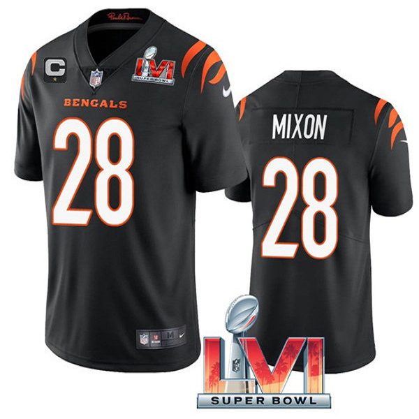 Youth Cincinnati Bengals #28 Joe Mixon 2022 Black With C Patch Super Bowl LVI Vapor Limited Stitched Jersey