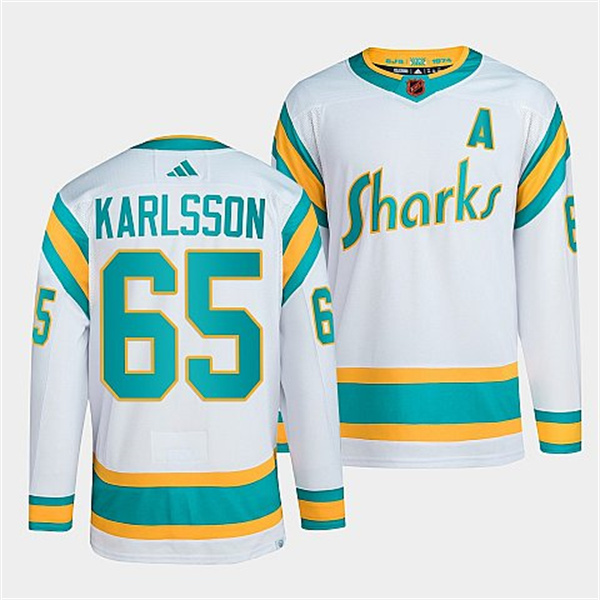 Men's San Jose Sharks #65 Erik Karlsson White 2022 Reverse Retro NHL Jersey