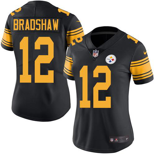 Nike Pittsburgh Steelers #12 Terry Bradshaw Black Women's Stitched NFL Limited Rush Jersey