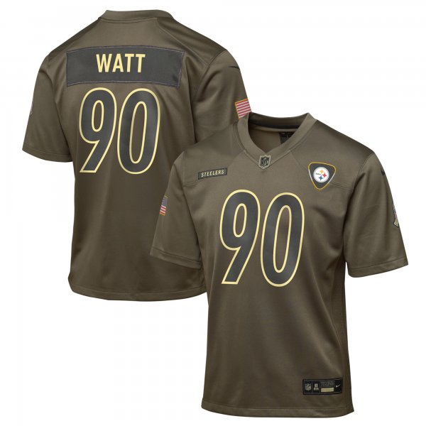Youth #90 T.J. Watt Pittsburgh Steelers Nike 2025 Salute to Service Game Olive Jersey