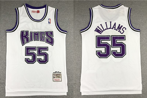 Men's Sacramento Kings #55 Jason Williams 1998-99 White Hardwood Classics Soul Swingman Stitched NBA Throwback Jersey