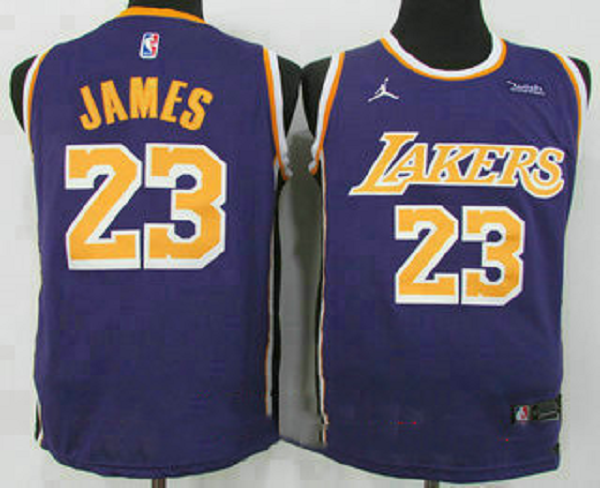 Men's Los Angeles Lakers #23 LeBron James Purple 2021 Brand Jordan Swingman Stitched NBA Jersey With NEW Sponsor Logo