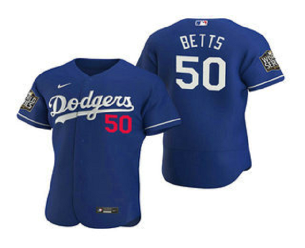 Men's Los Angeles Dodgers #50 Mookie Betts Royal 2020 World Series Flex Base Nike Jersey