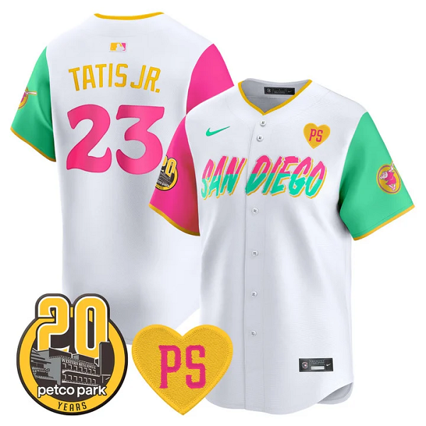 Men's San Diego Padres #23 Fernando Tatis Jr For Peter & Petco Park 20th Patch Vapor Premier Limited All Stitched Cool Base Jersey