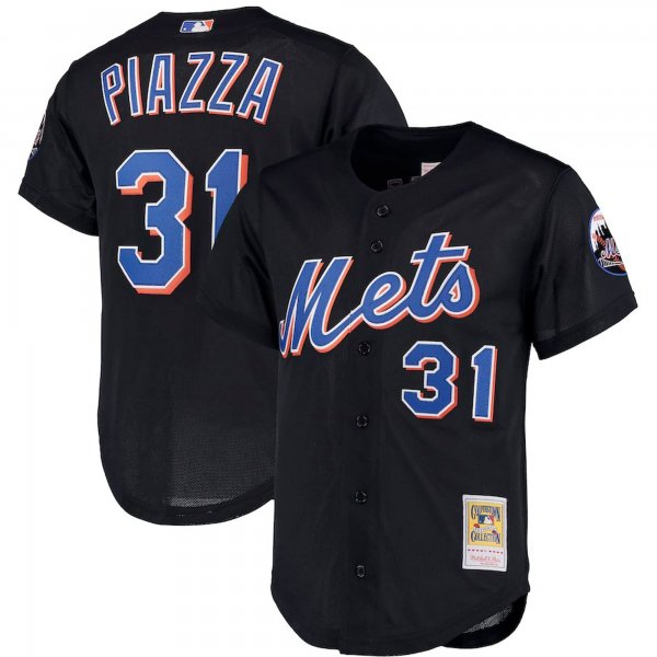 Men's New York Mets Mike Piazza Mitchell & Ness Black Big & Tall Cooperstown Collection Mesh Button-Up Jersey