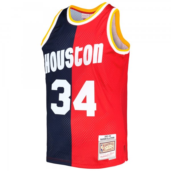 Men's Houston Rockets Hakeem Olajuwon Mitchell & Ness Navy/Red Hardwood Classics 1993/94 Split Swingman Jersey