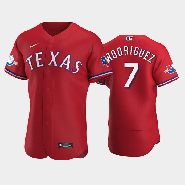 Men's Texas Rangers #7 Ivan Rodriguez Alternate Scarle 50th Anniversary MLB Flex Base Jersey