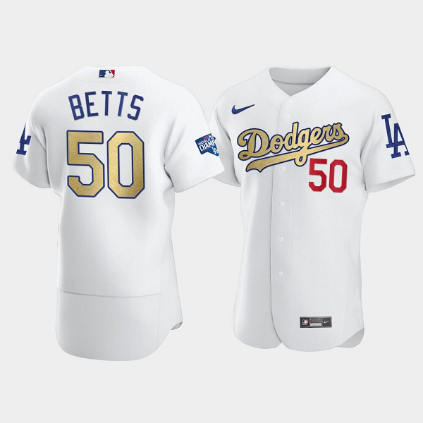 Youth Los Angeles Dodgers #50 Mookie Betts Gold Program Patch White MLB Jersey