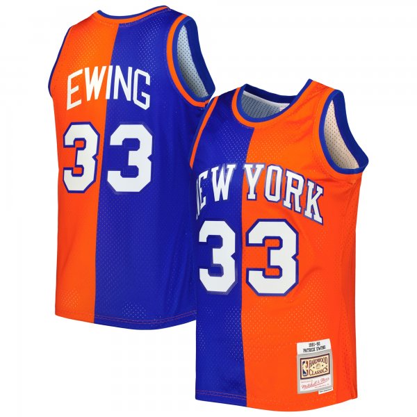 Men's New York Knicks Patrick Ewing Mitchell & Ness Blue/Orange Hardwood Classics 1991/92 Split Swingman Jersey