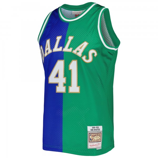 Men's Dallas Mavericks Dirk Nowitzki Mitchell & Ness Blue/Green Hardwood Classics 1998/2019 Split Swingman Jersey