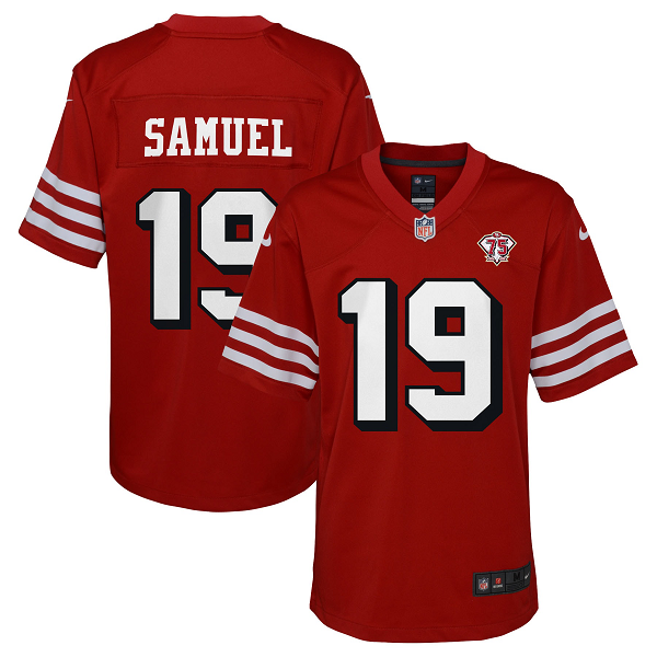 Youth San Francisco 49ers #19 Deebo Samuel Nike Scarlet 75th Anniversary Alternate Patch Limited Jersey