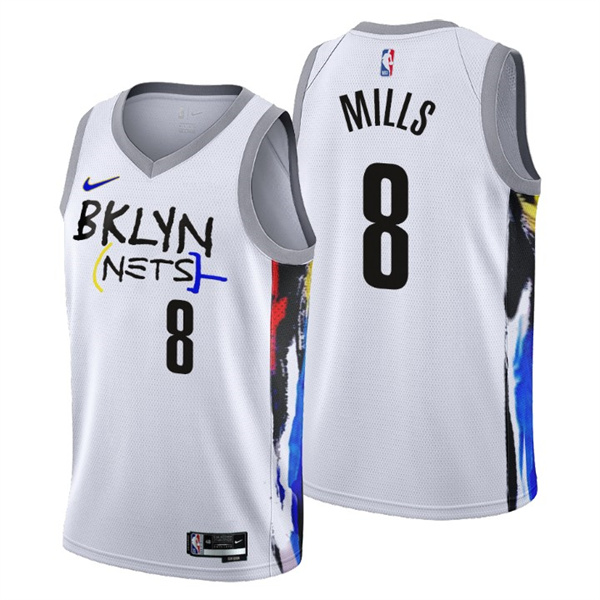 Men's Brooklyn Nets #8 Patty Mills 2022/23 White City Edition Stitched Basketball Jersey