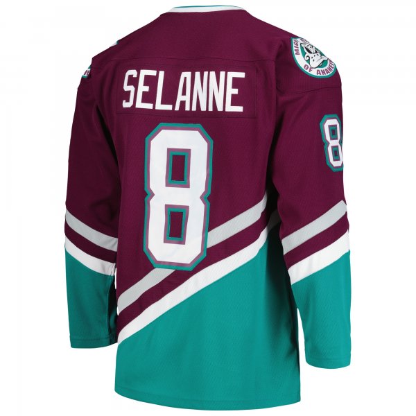 Men's Anaheim Ducks Teemu Selanne Mitchell & Ness Purple  1996/97 Alternate Captain Patch Blue Line Player Jersey