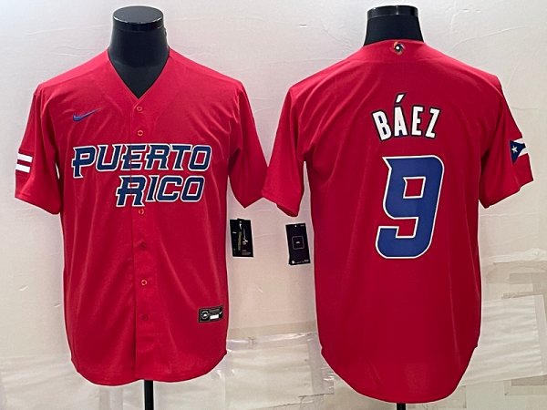 Men's Puerto Rico 2023 World Baseball #9 Javier Baez Classic Red Men's MLB Jersey