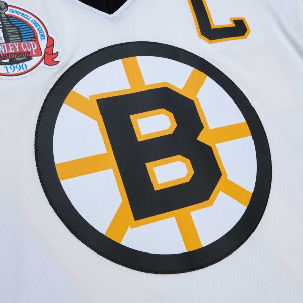 Men's Boston Bruins Ray Bourque Mitchell & Ness White Captain Patch 1989/90 Blue Line Player Jersey