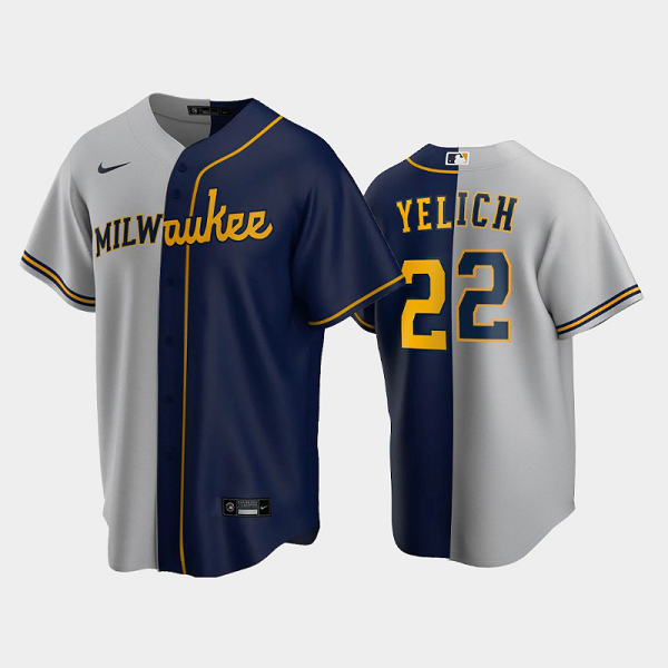 Men's Split Replica MLB Jersey Milwaukee Brewers #22 Christian Yelich Gray-Navy