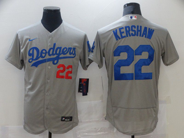 Men's Los Angeles Dodgers 22 Kershaw Grey Flexbase 2021 Nike MLB Jersey