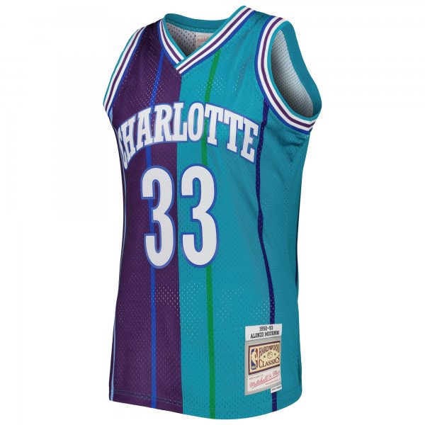 Men's Charlotte Hornets Alonzo Mourning Mitchell & Ness Teal/Purple Hardwood Classics 1992/93 Split Swingman Jersey