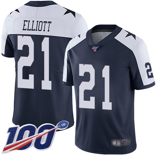 Dallas Cowboys #21 Ezekiel Elliott Navy Blue Thanksgiving Men's Stitched NFL 100th Season Vapor Throwback Limited Jersey