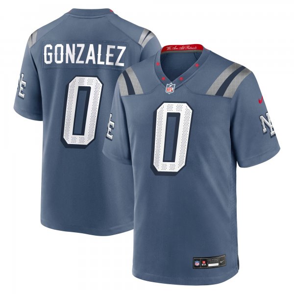 Men's #0 Christian Gonzalez New England Patriots Nike 2025 Rivalries Collection Game Storm Blue Jersey