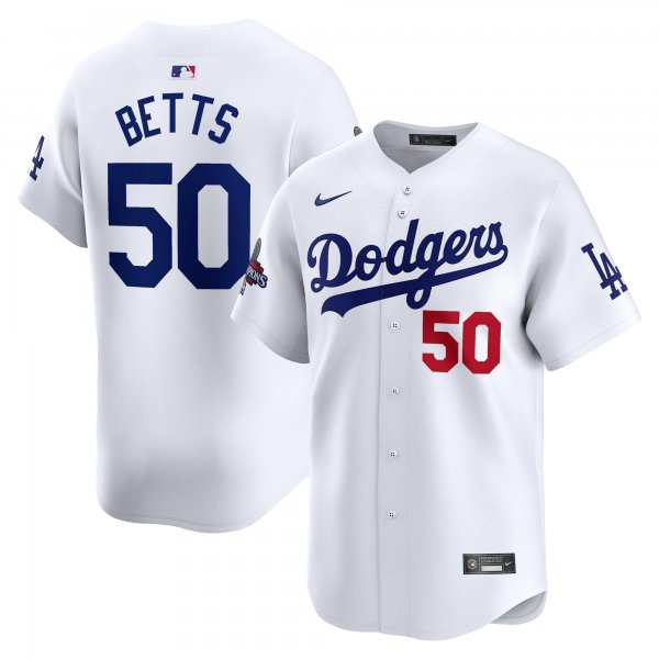 Men's #50 Los Angeles Dodgers Mookie Betts Nike White 2024 World Series Champions Home Limited Player Jersey