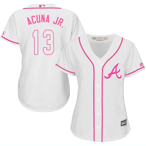 Atlanta Braves #13 Ronald Acuna Jr. White/Pink Fashion Women's Stitched MLB Jersey