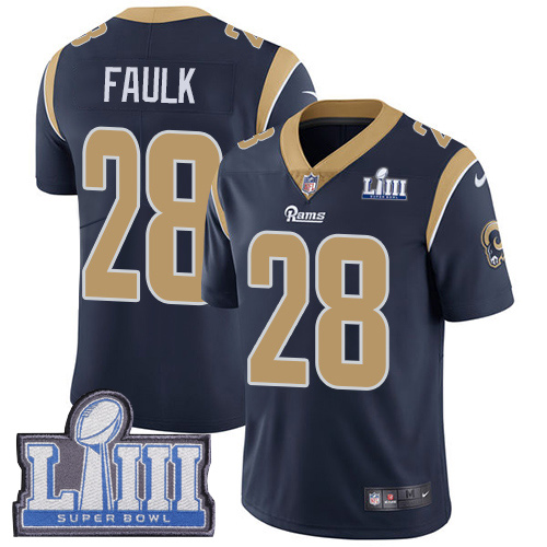 Nike Los Angeles Rams #28 Marshall Faulk Navy Blue Team Color Super Bowl LIII Bound Men's Stitched NFL Vapor Untouchable Limited Jersey